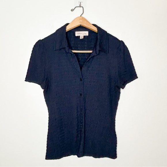 Philosophy Womens‎ Textured Short Sleeve Button Front Shirt Navy Blue Medium M - Picture 2 of 8